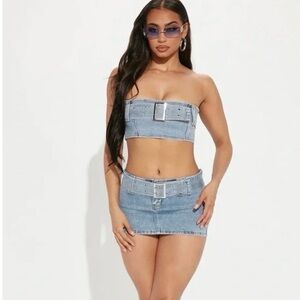 Fashion nova Denim Strapless Top and Mini Skirt Set